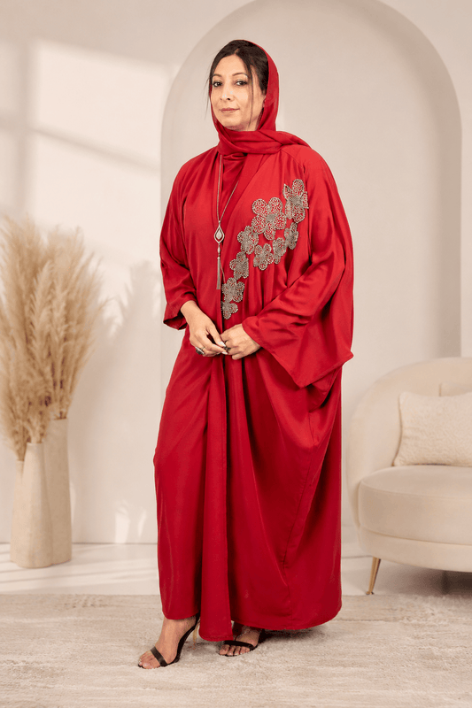 Red Beaded Work Abaya With Top and Pant in Poka Fabric. Comes with Matching Hijab