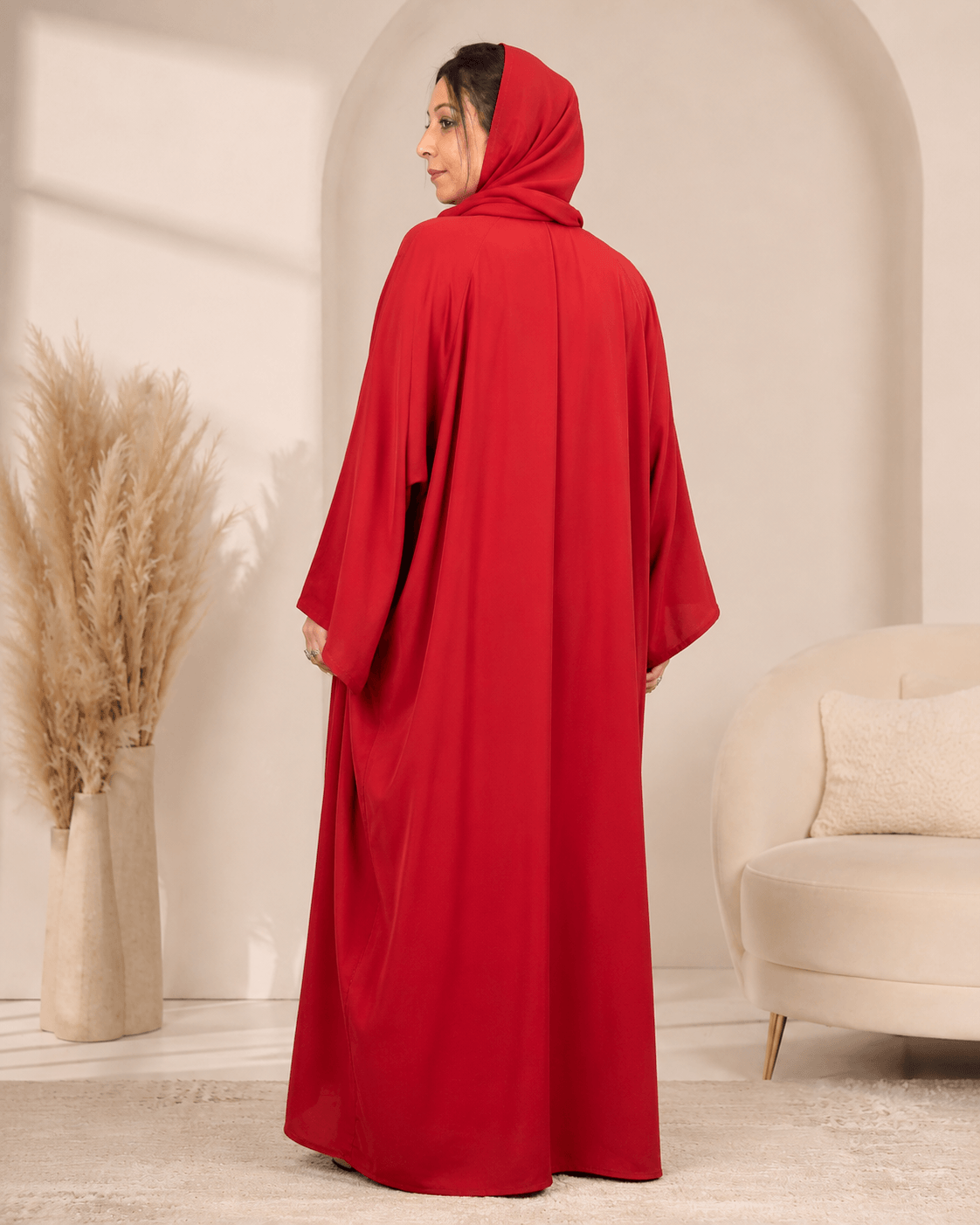 Red Beaded Work Abaya With Top and Pant in Poka Fabric. Comes with Matching Hijab