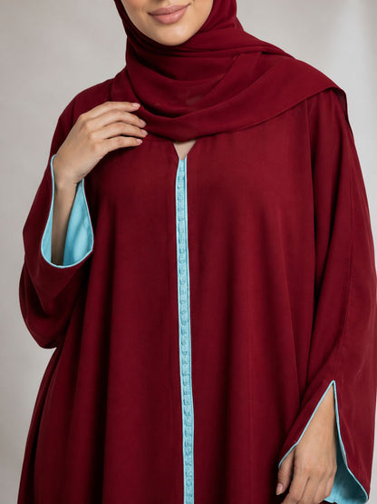 Red Maroon Moroccan Kaftan Style Abaya Drress with Sky Blue Lining in Poka Fabric