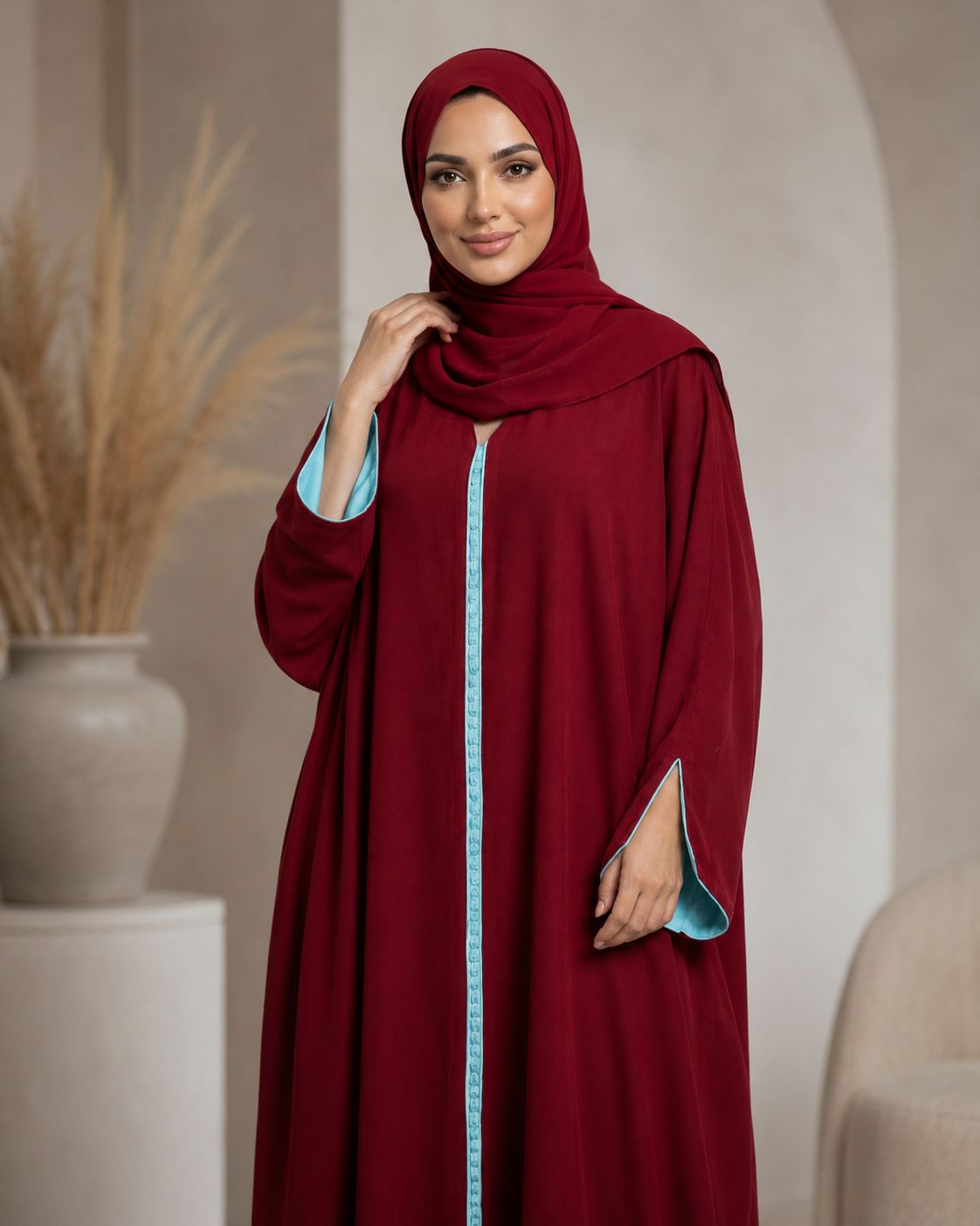 Red Maroon Moroccan Kaftan Style Abaya Drress with Sky Blue Lining in Poka Fabric