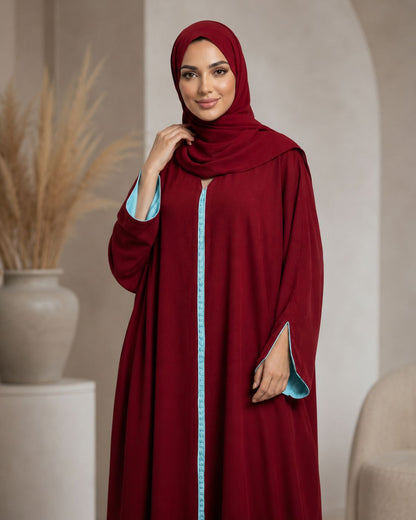 Red Maroon Moroccan Kaftan Style Abaya Drress with Sky Blue Lining in Poka Fabric