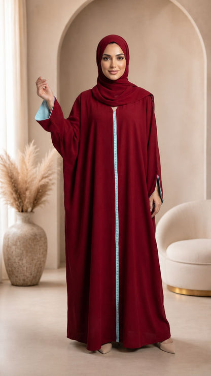 Red Maroon Moroccan Kaftan Style Abaya Drress with Sky Blue Lining in Poka Fabric