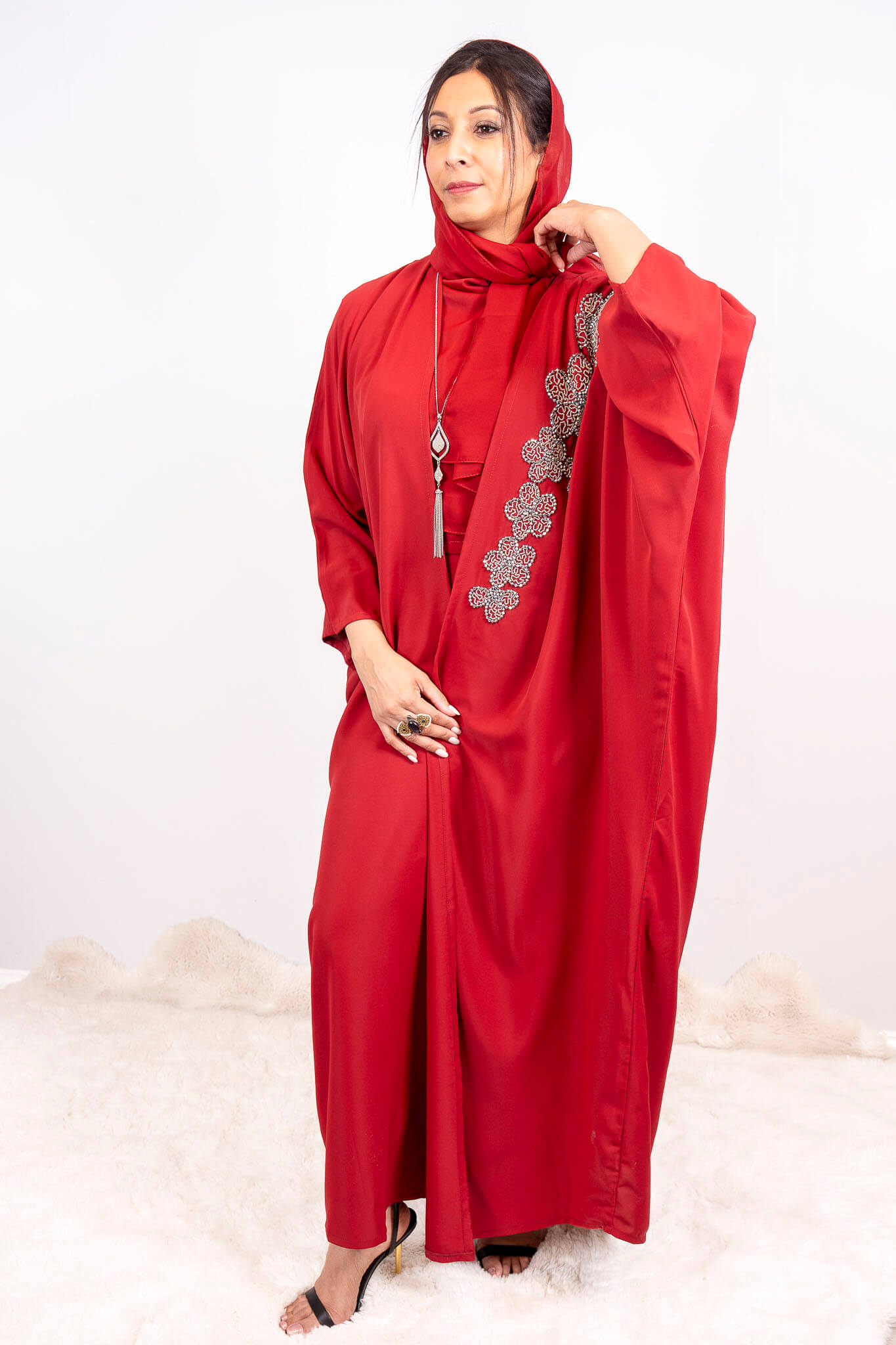 Red Beaded Work Abaya With Top and Pant in Poka Fabric. Comes with Matching Hijab