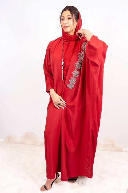Red Beaded Work Abaya With Top and Pant in Poka Fabric. Comes with Matching Hijab