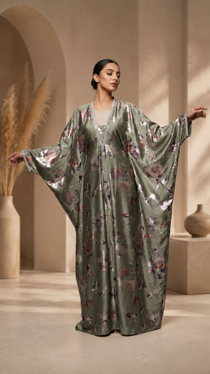 Sage green foil print kaftan dress with stone lace