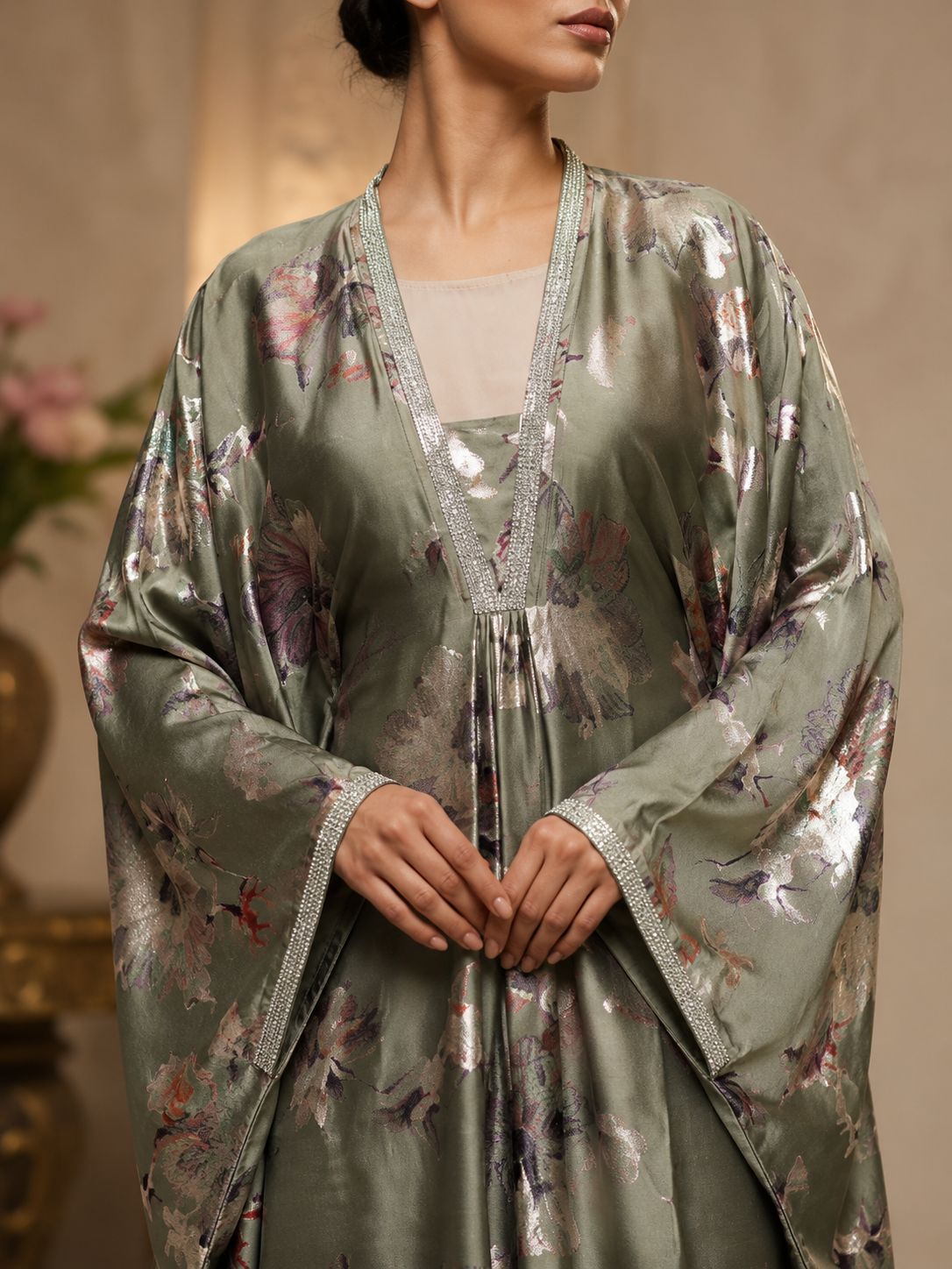 Sage green foil print kaftan dress with stone lace
