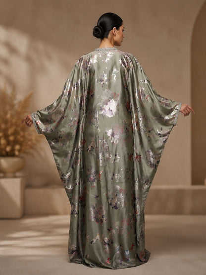 Sage green foil print kaftan dress with stone lace