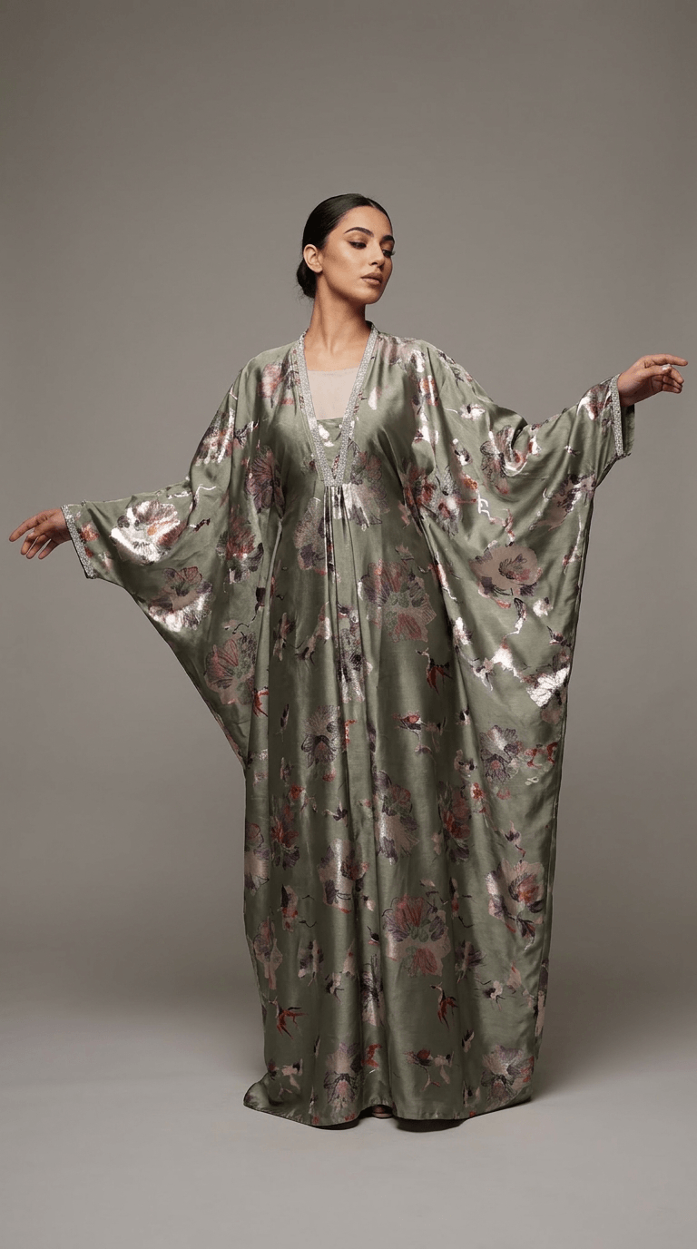 Sage green foil print kaftan dress with stone lace
