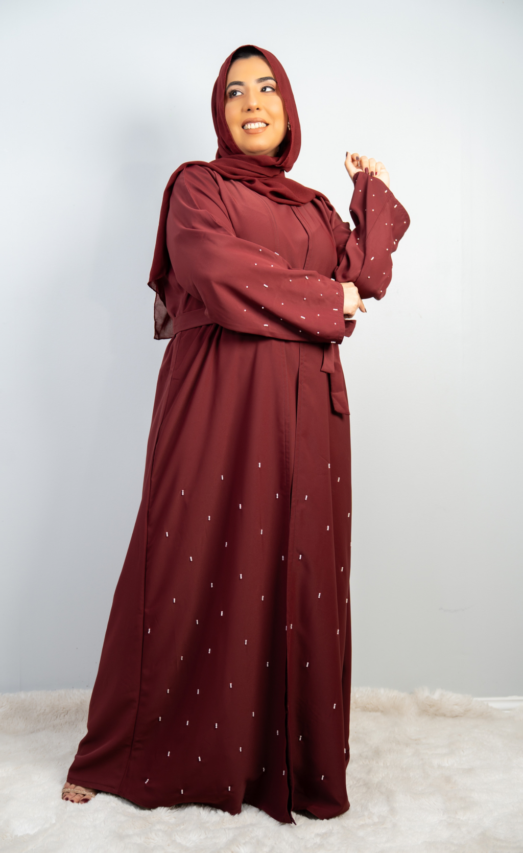Stylish Maroon Double-Layer 3-Piece Abaya with Beaded Handwork
