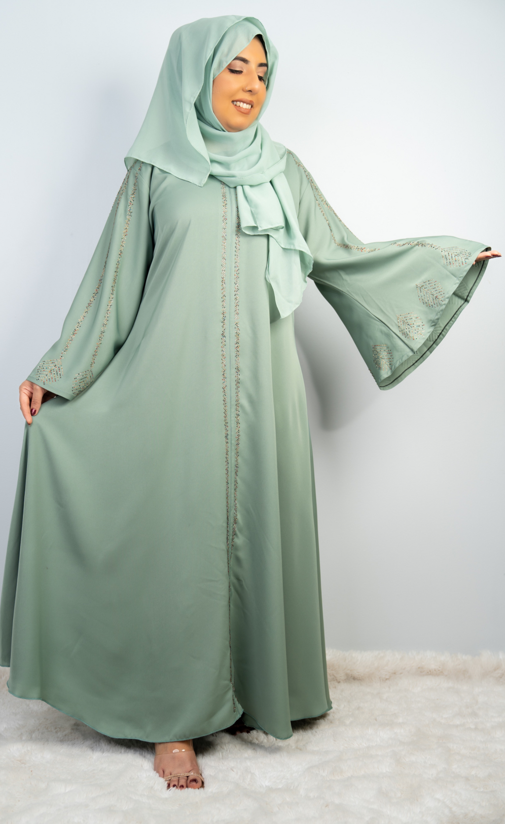 Graceful Pastel Green Embellished Abaya