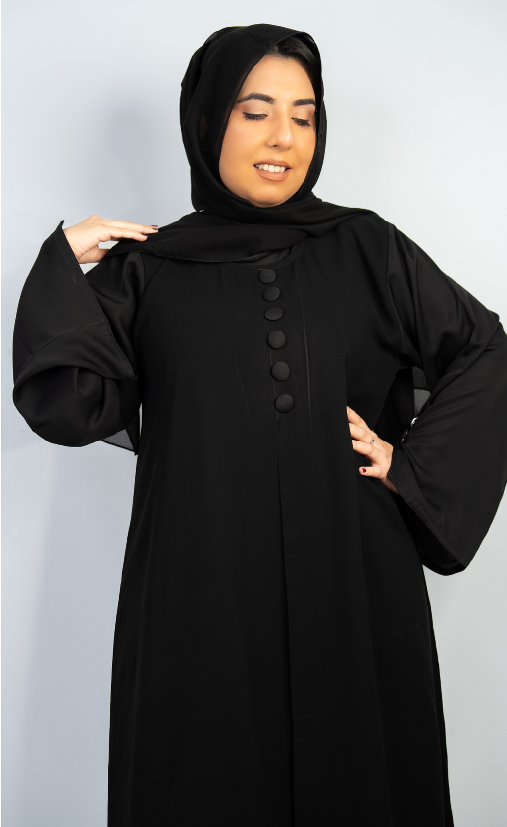 Classic Black Double-Layer Button-Detail Abaya with Matching Hijab