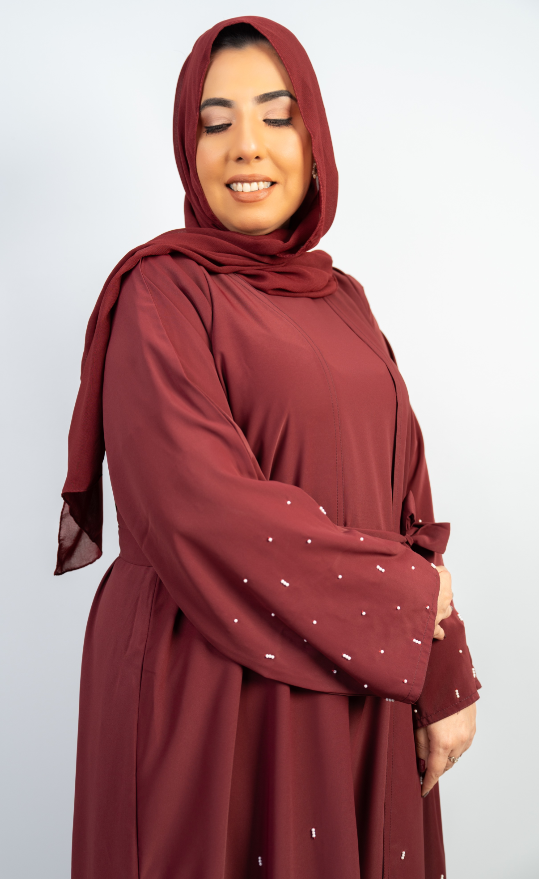 Stylish Maroon Double-Layer 3-Piece Abaya with Beaded Handwork