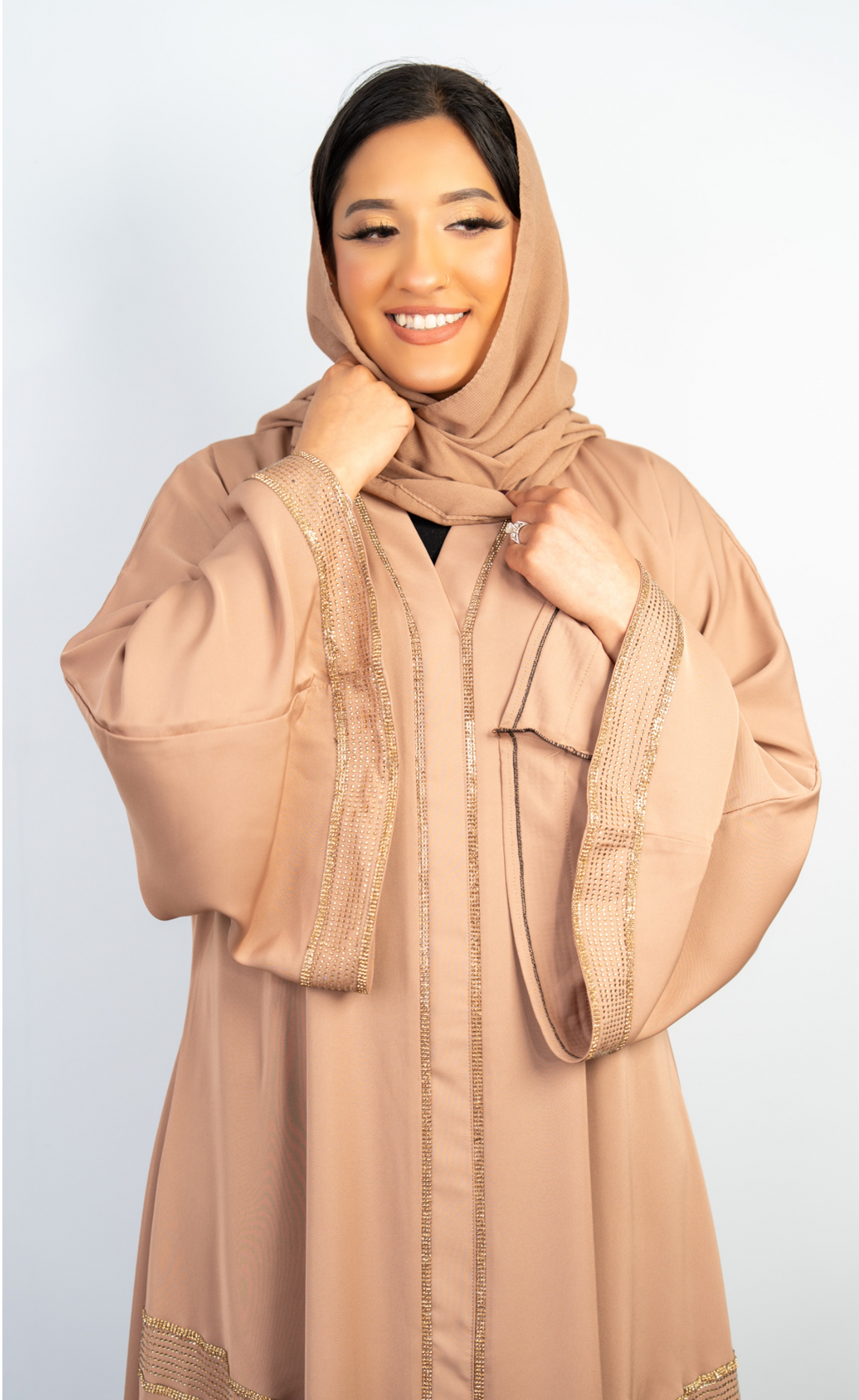 Light Taupe Abaya with Golden Stone Work Embellishments