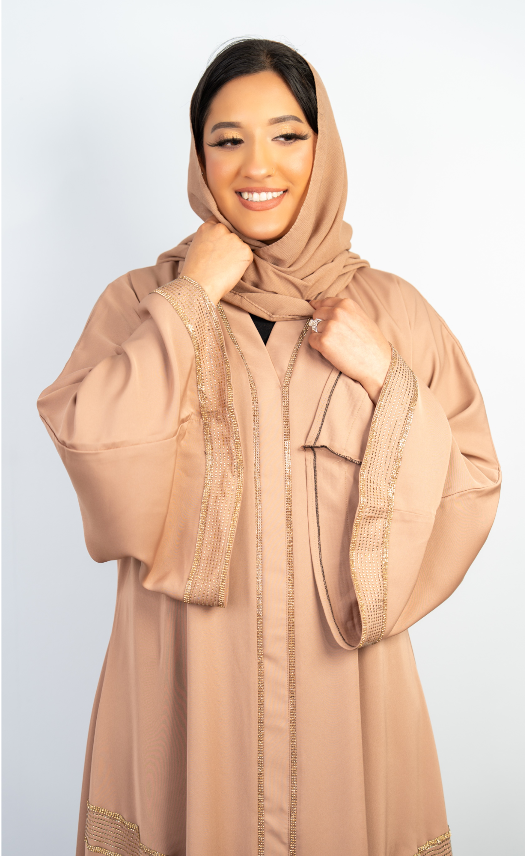 Light Taupe Abaya with Golden Stone Work Embellishments