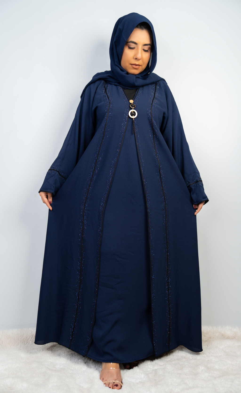 Luxurious Navy Blue Embellished Abaya with Matching Hijab