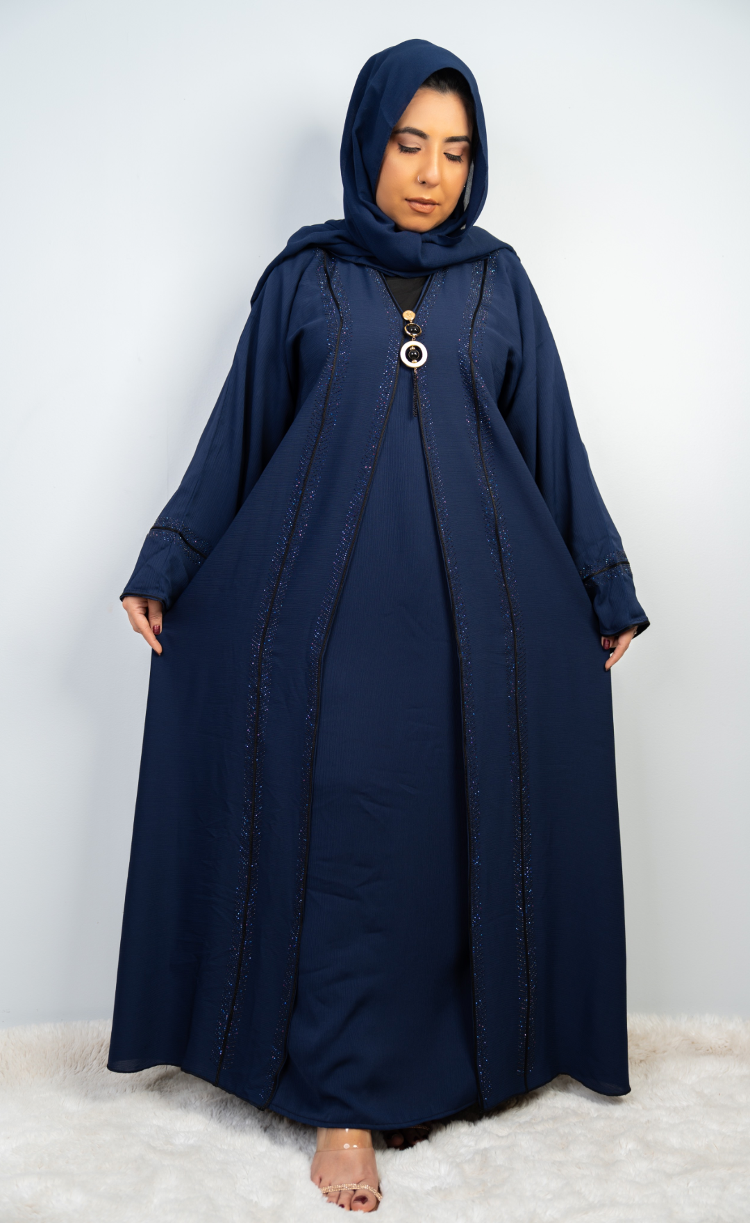 Luxurious Navy Blue Embellished Abaya with Matching Hijab