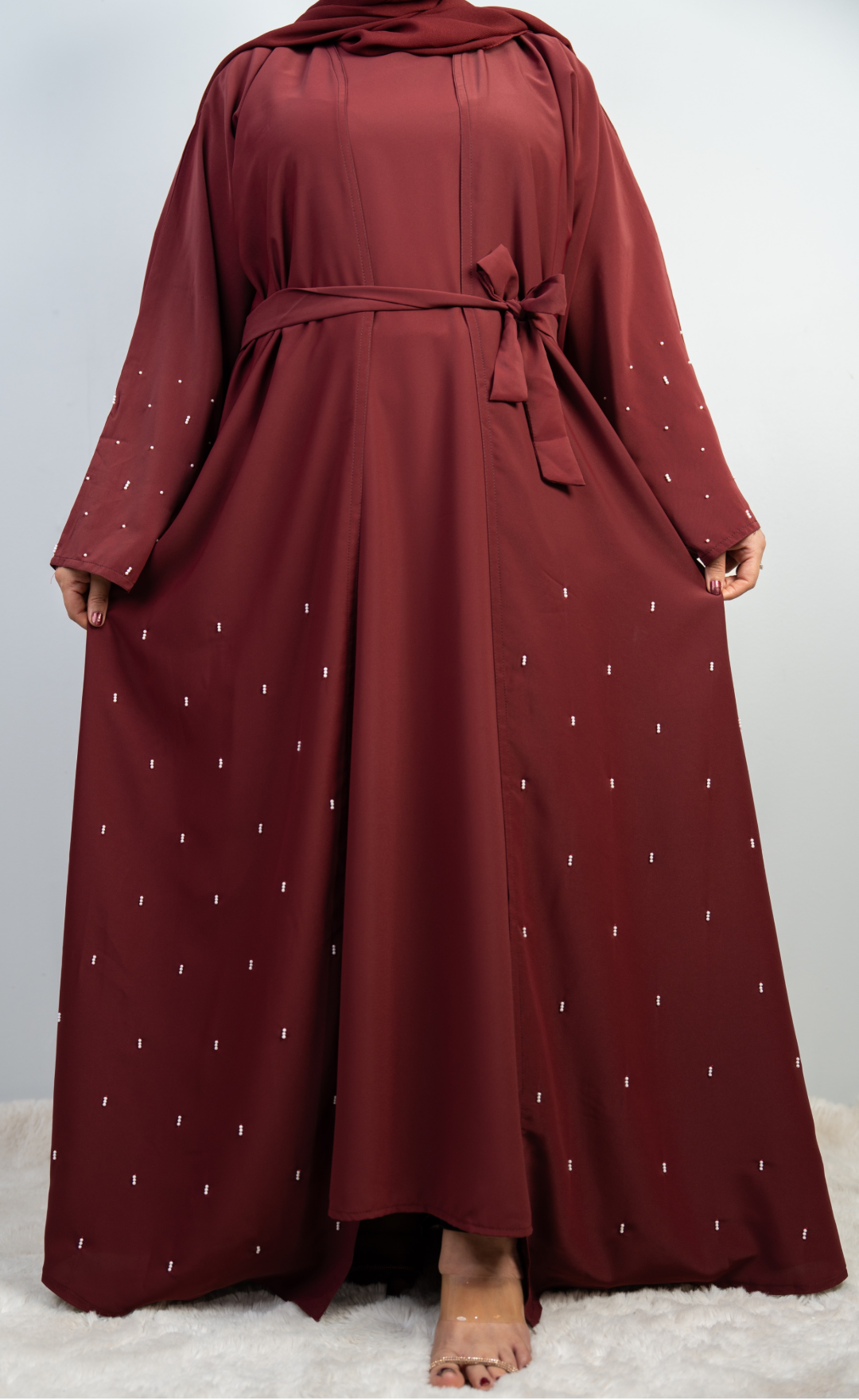 Stylish Maroon Double-Layer 3-Piece Abaya with Beaded Handwork