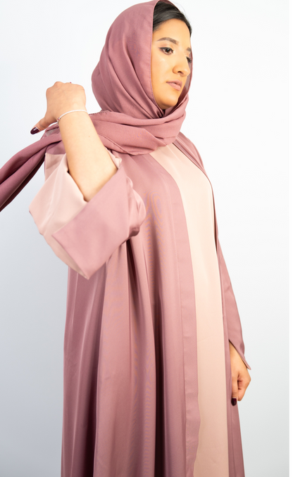 Chic 3-Piece Mauve Abaya Set with Nude Pink Inner, Front-Open Design, with Matching Hijab and Belt