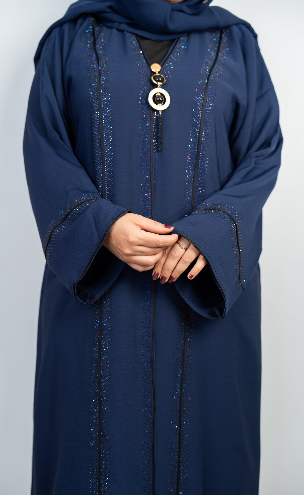 Luxurious Navy Blue Embellished Abaya with Matching Hijab
