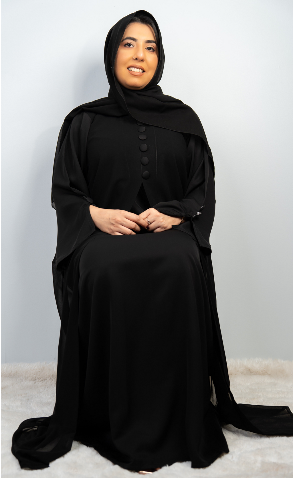 Classic Black Double-Layer Button-Detail Abaya with Matching Hijab