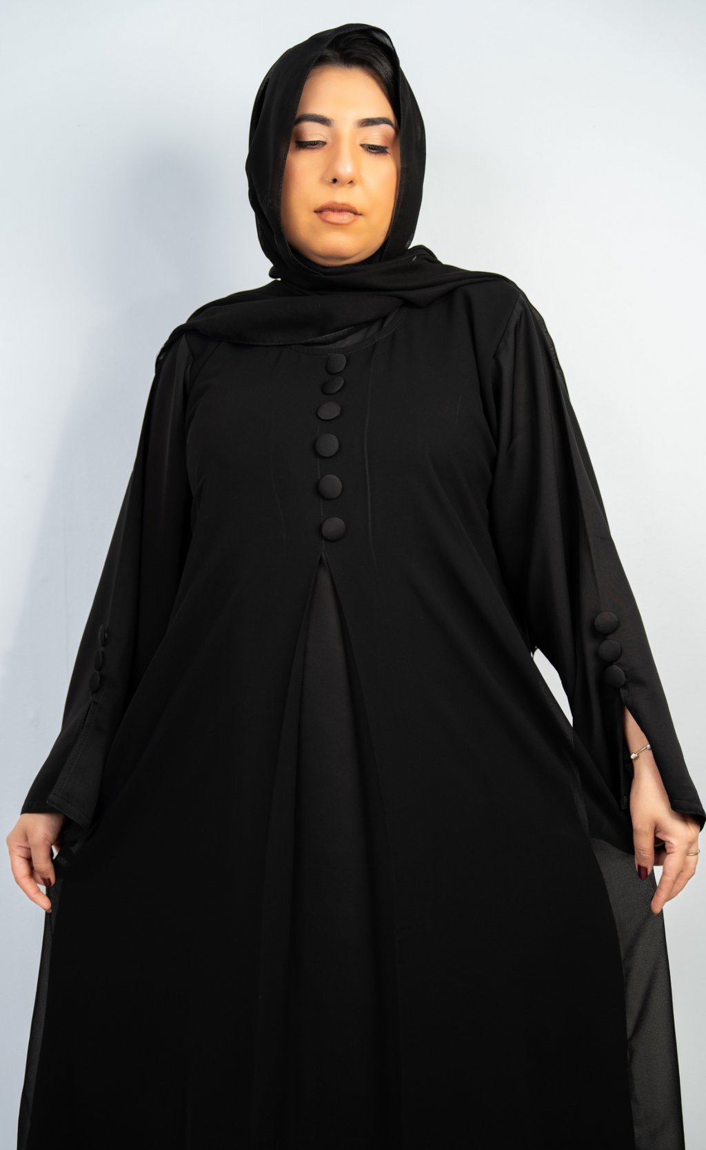 Classic Black Double-Layer Button-Detail Abaya with Matching Hijab
