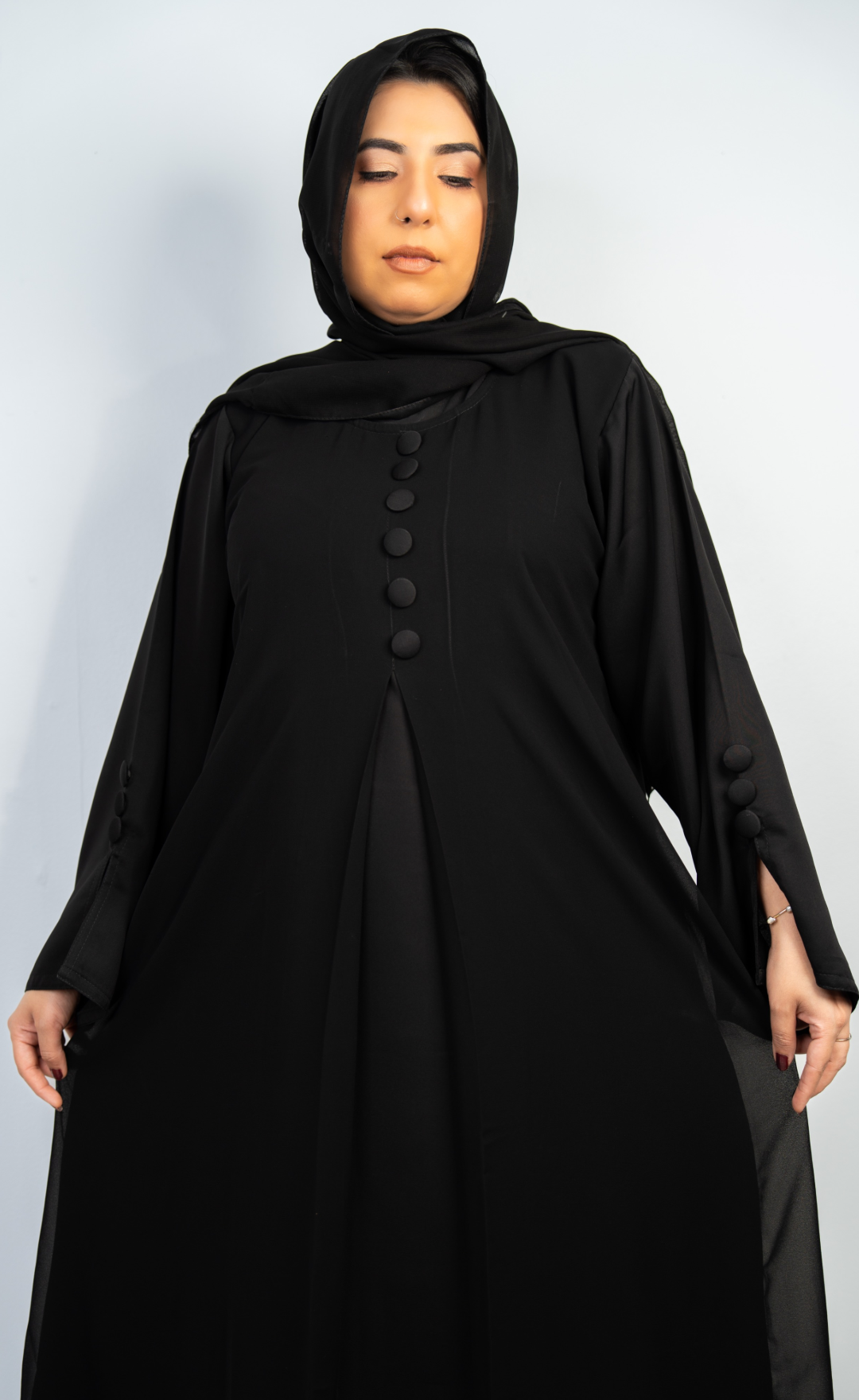 Classic Black Double-Layer Button-Detail Abaya with Matching Hijab