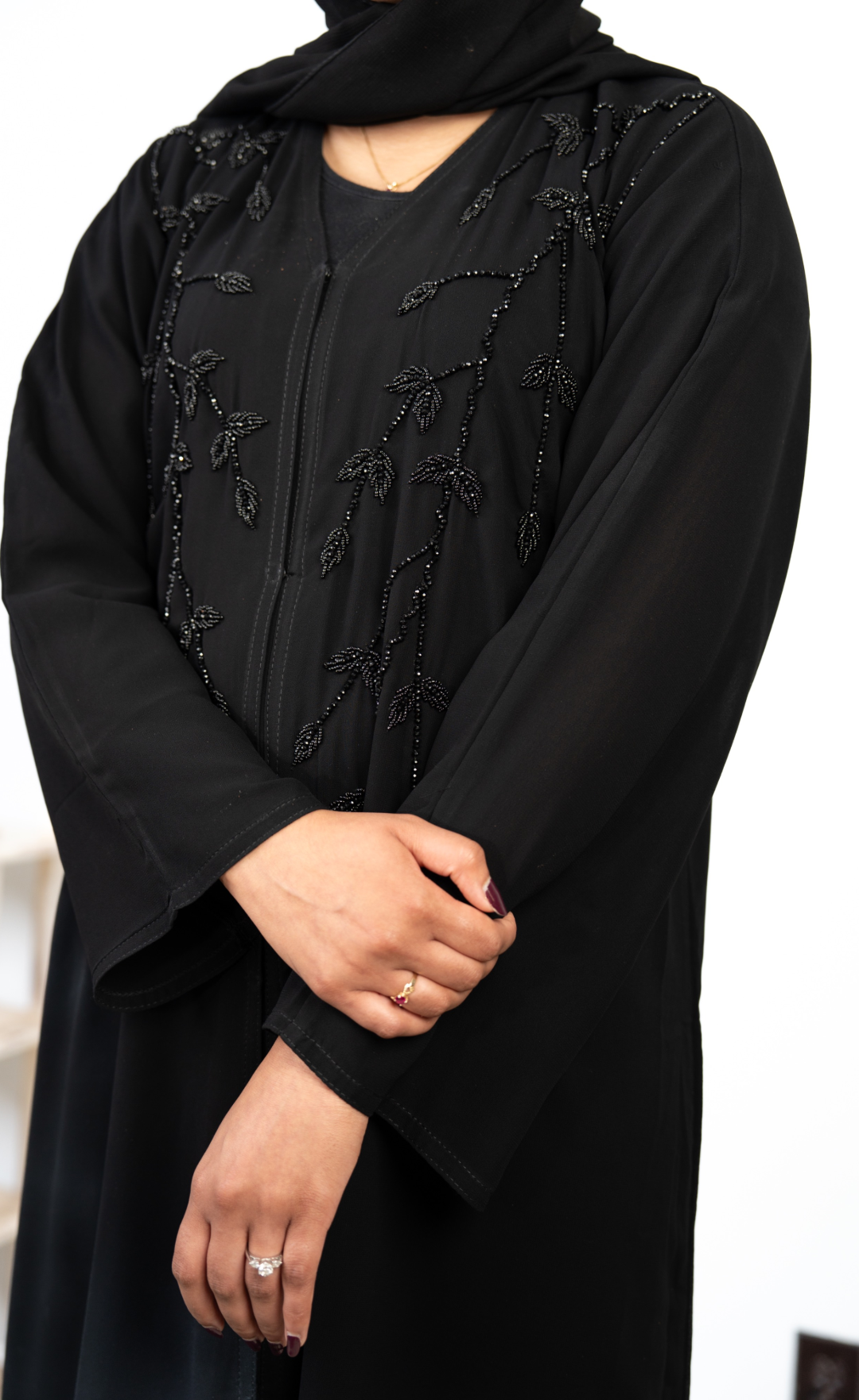 Elegant Black Chiffon Georgette Abaya with Intricate Bead Embroidery