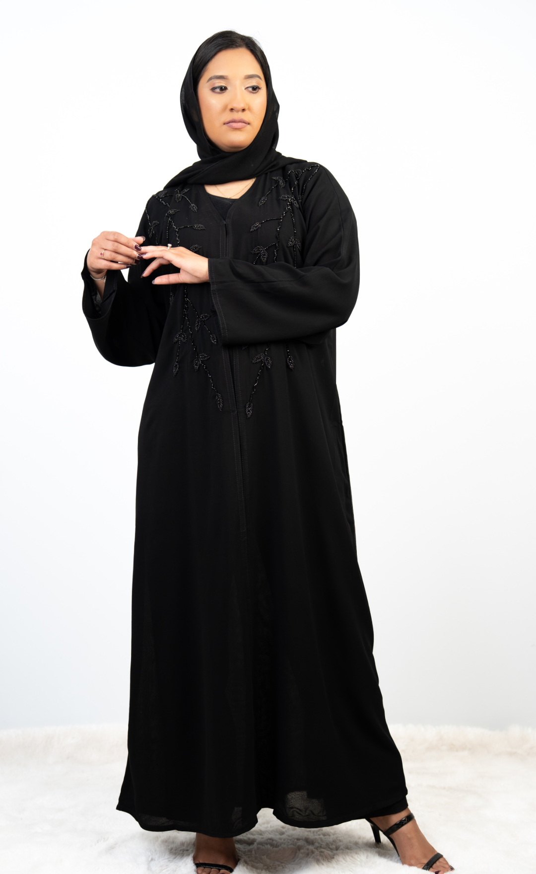 Elegant Black Chiffon Georgette Abaya with Intricate Bead Embroidery