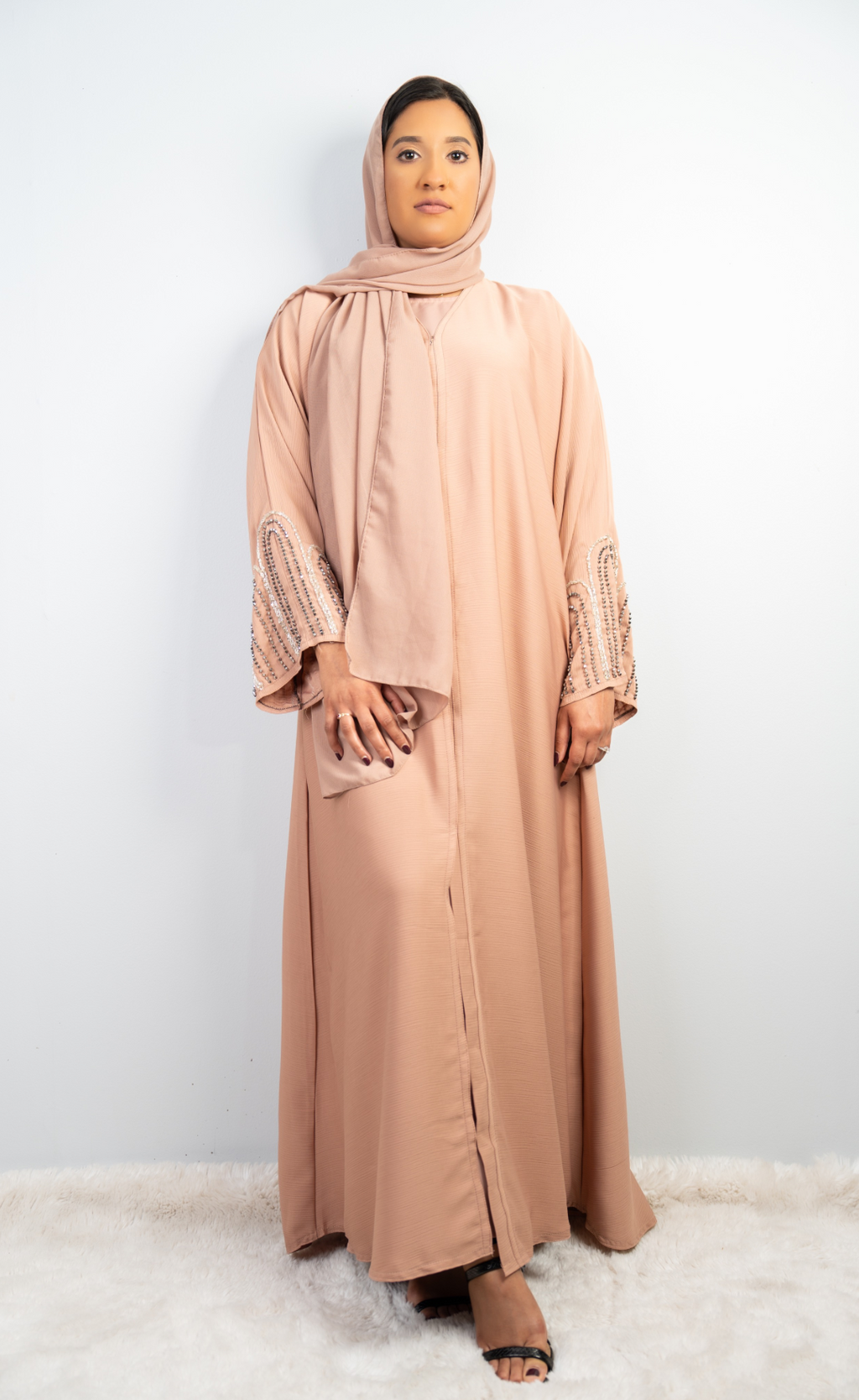 Elegant Blush Nude Abaya with Embellished Sleeves