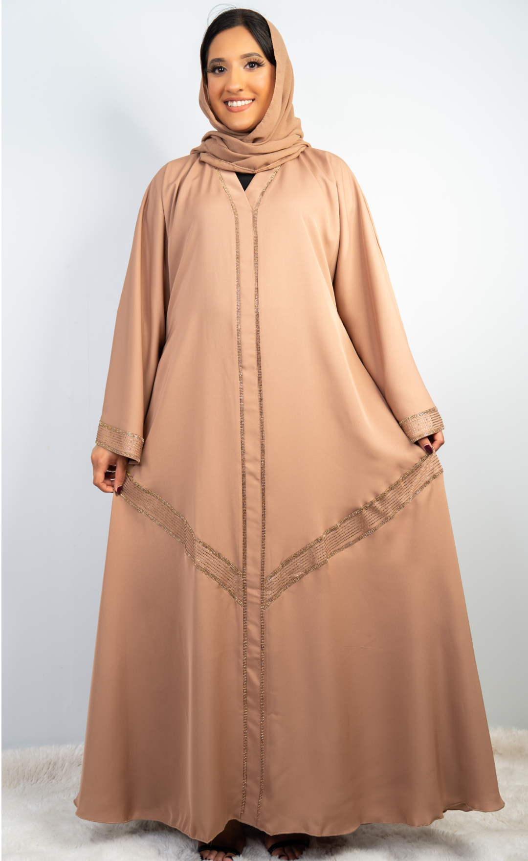Light Taupe Abaya with Golden Stone Work Embellishments