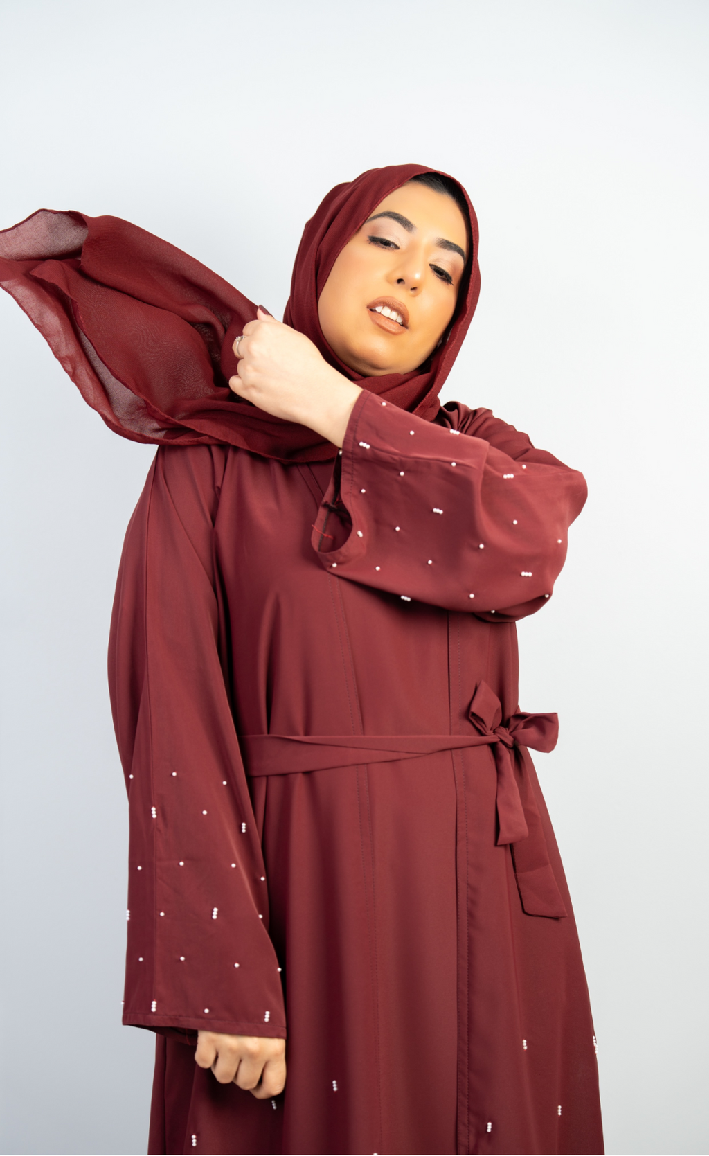 Stylish Maroon Double-Layer 3-Piece Abaya with Beaded Handwork