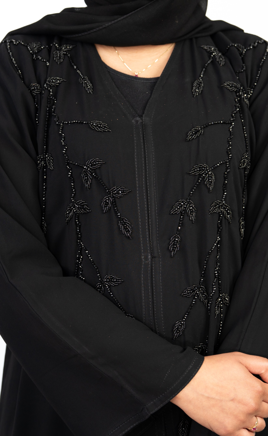 Elegant Black Chiffon Georgette Abaya with Intricate Bead Embroidery
