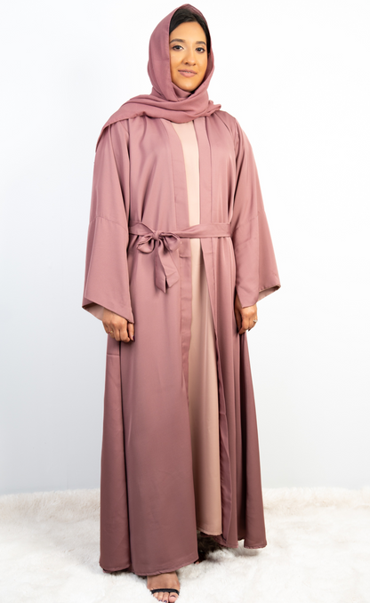 Chic 3-Piece Mauve Abaya Set with Nude Pink Inner, Front-Open Design, with Matching Hijab and Belt