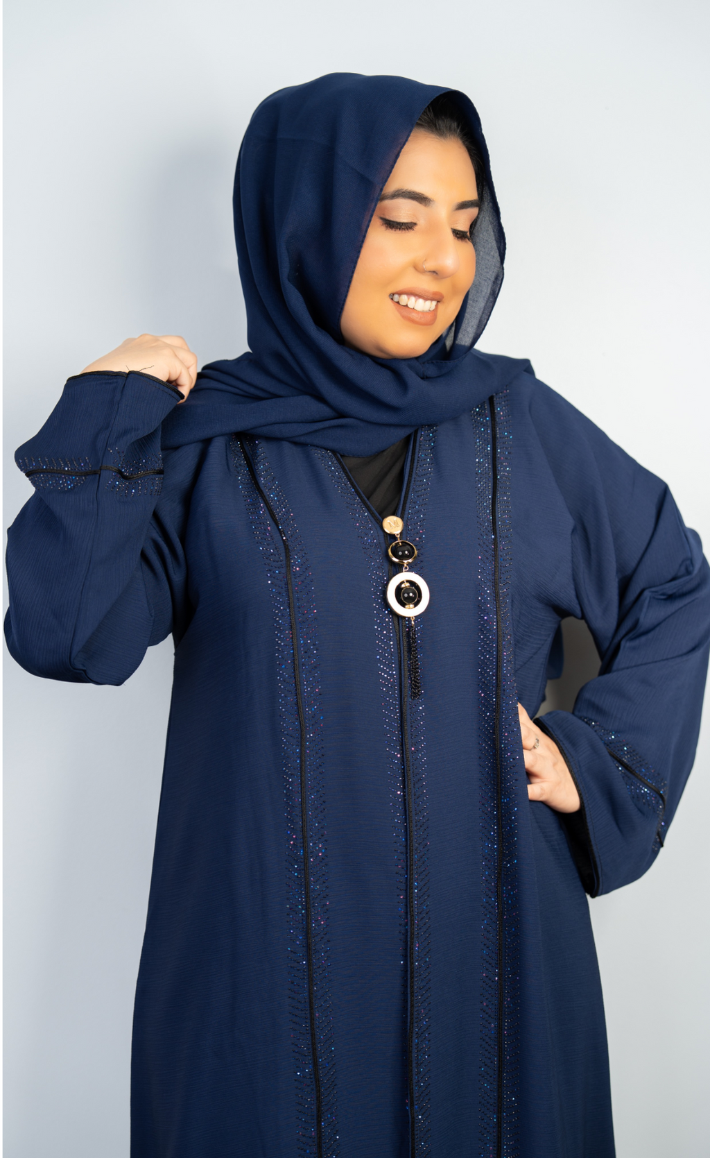 Luxurious Navy Blue Embellished Abaya with Matching Hijab