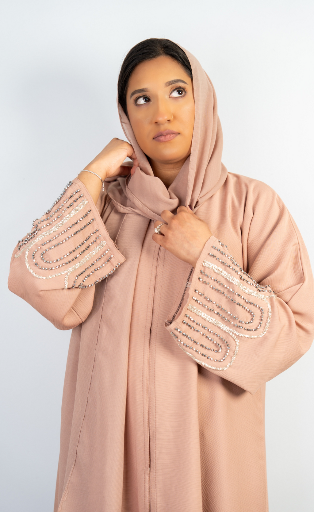 Elegant Blush Nude Abaya with Embellished Sleeves