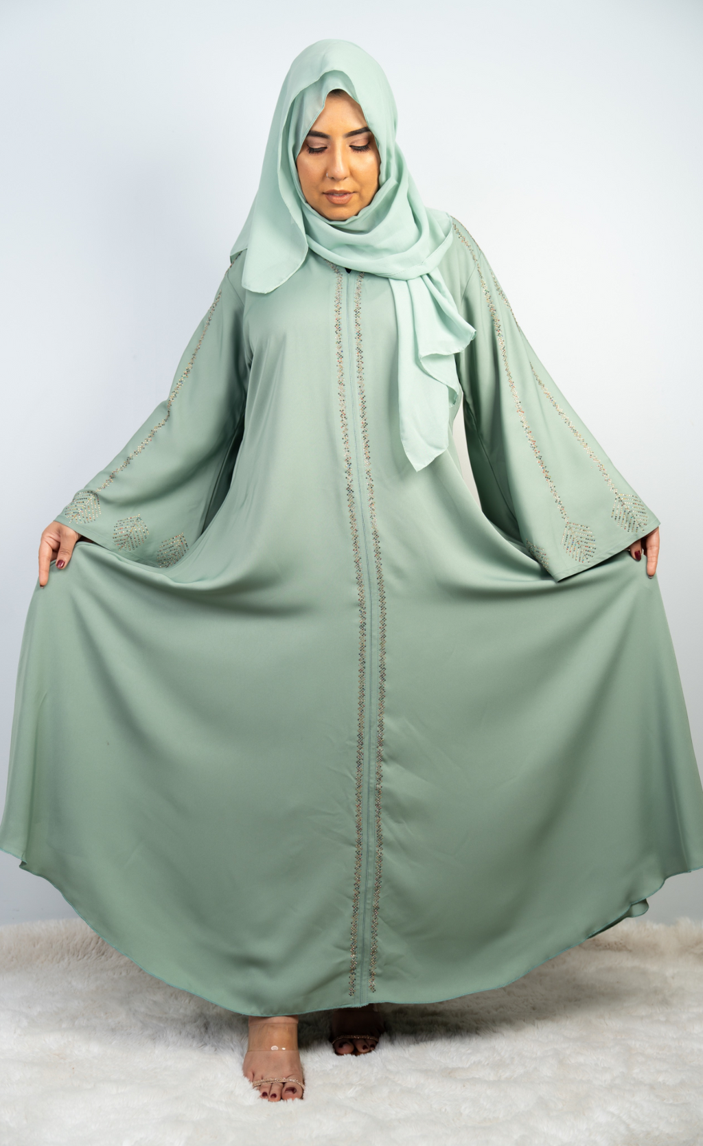 Graceful Pastel Green Embellished Abaya