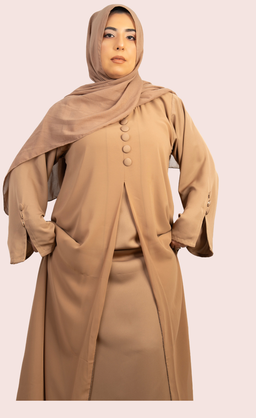 Tan Double Layer Large Button Abaya