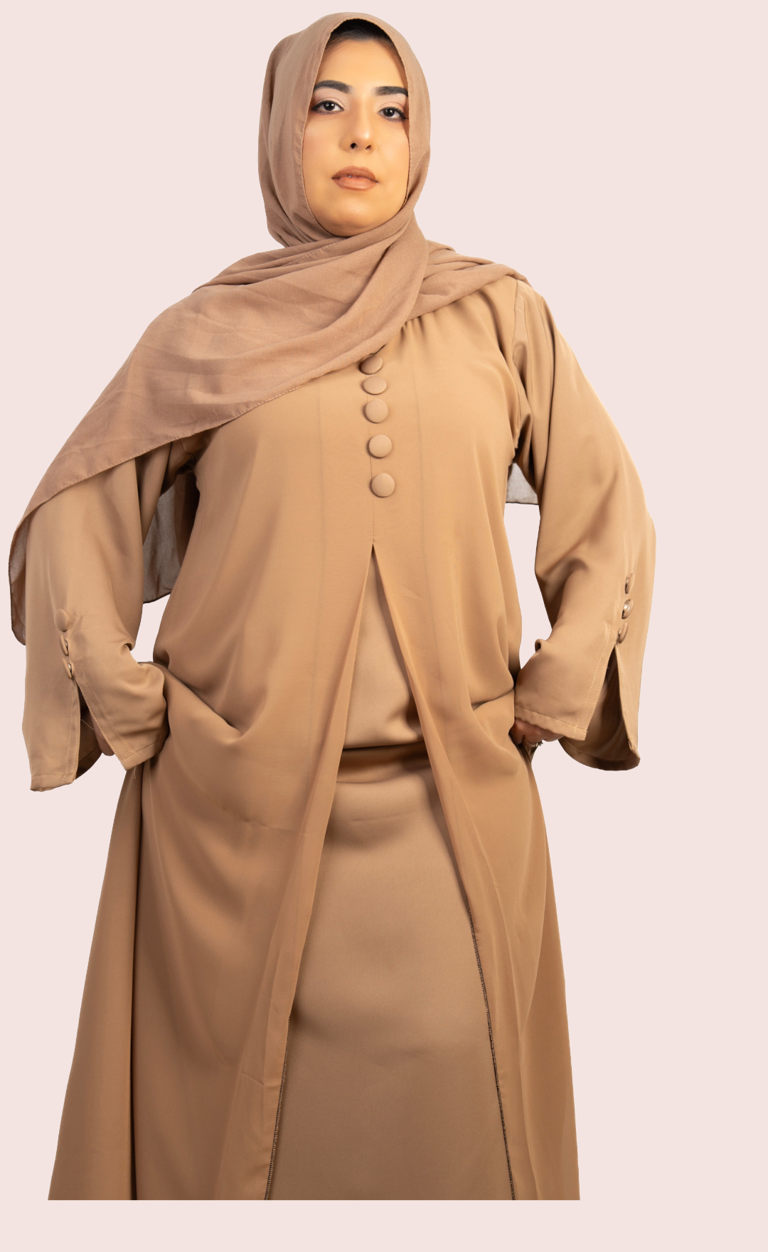 Tan Double Layer Large Button Abaya