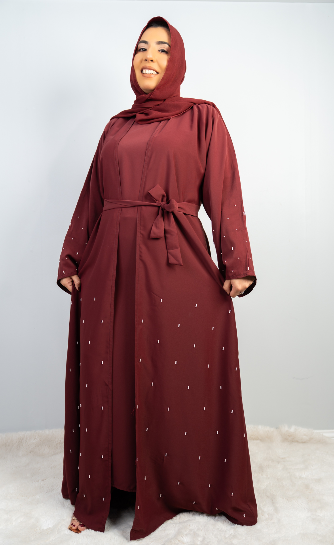 Stylish Maroon Double-Layer 3-Piece Abaya with Beaded Handwork