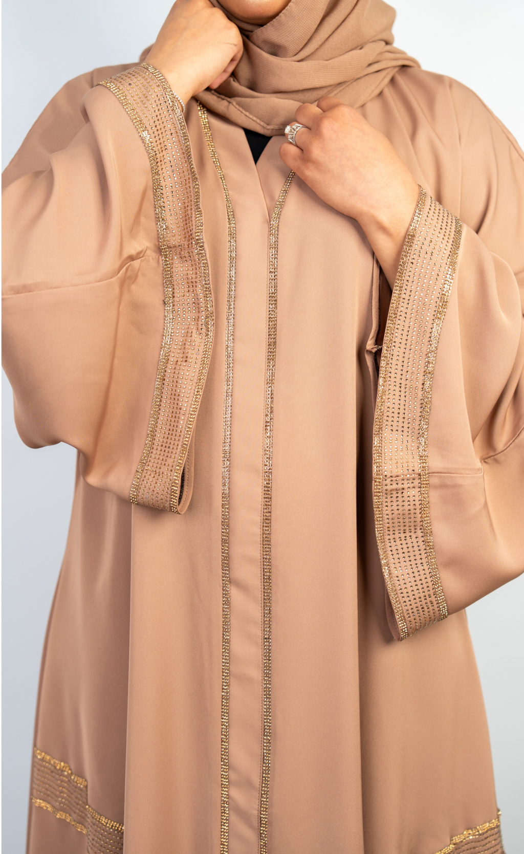 Light Taupe Abaya with Golden Stone Work Embellishments