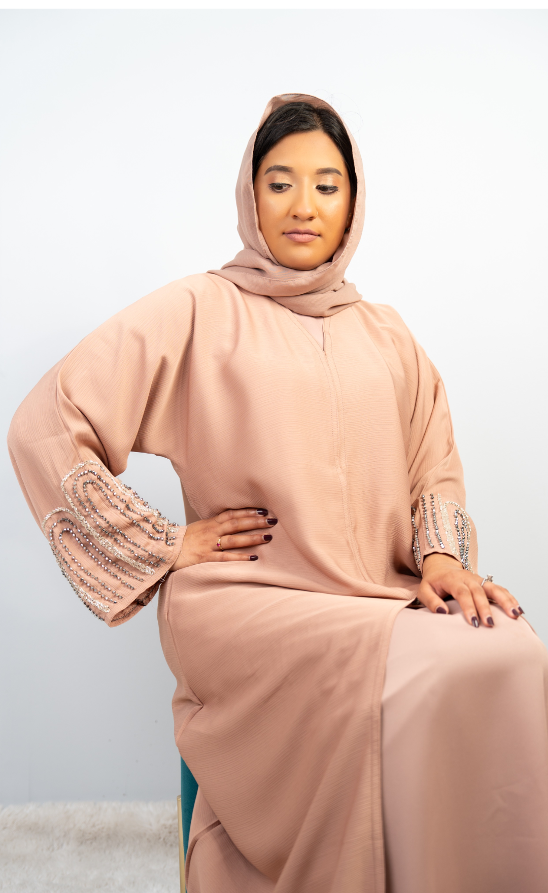 Elegant Blush Nude Abaya with Embellished Sleeves