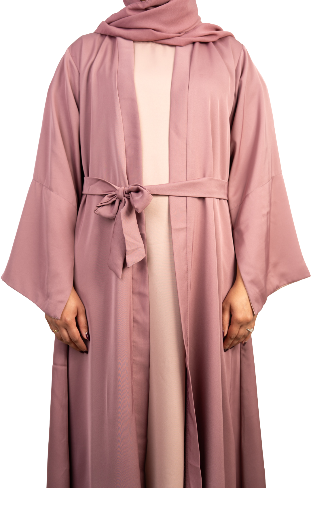 Chic 3-Piece Mauve Abaya Set with Nude Pink Inner, Front-Open Design, with Matching Hijab and Belt
