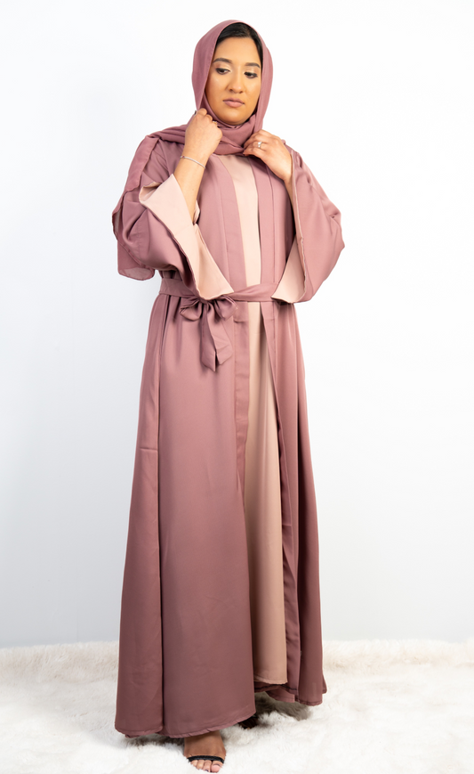 Chic 3-Piece Mauve Abaya Set with Nude Pink Inner, Front-Open Design, with Matching Hijab and Belt