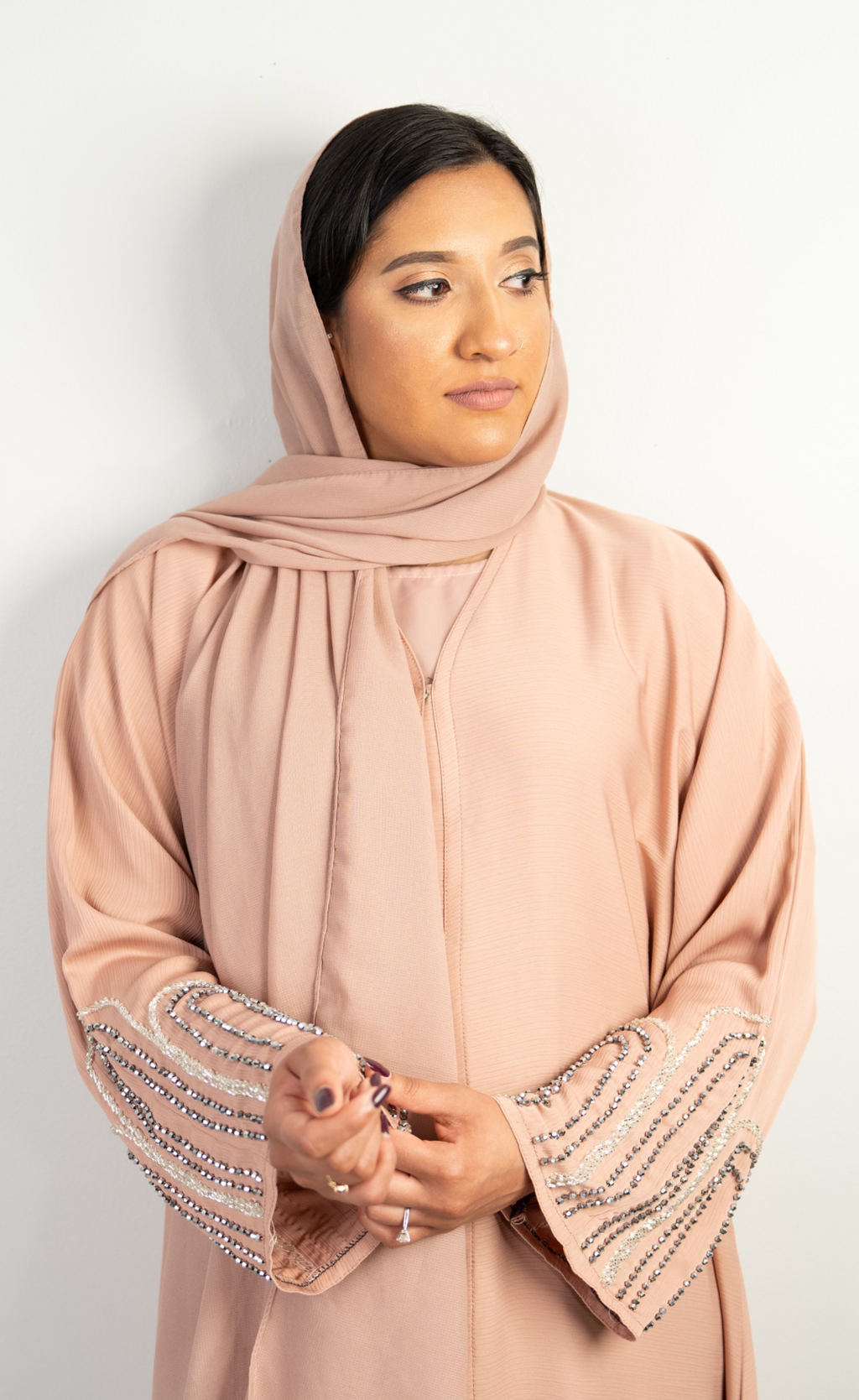 Elegant Blush Nude Abaya with Embellished Sleeves