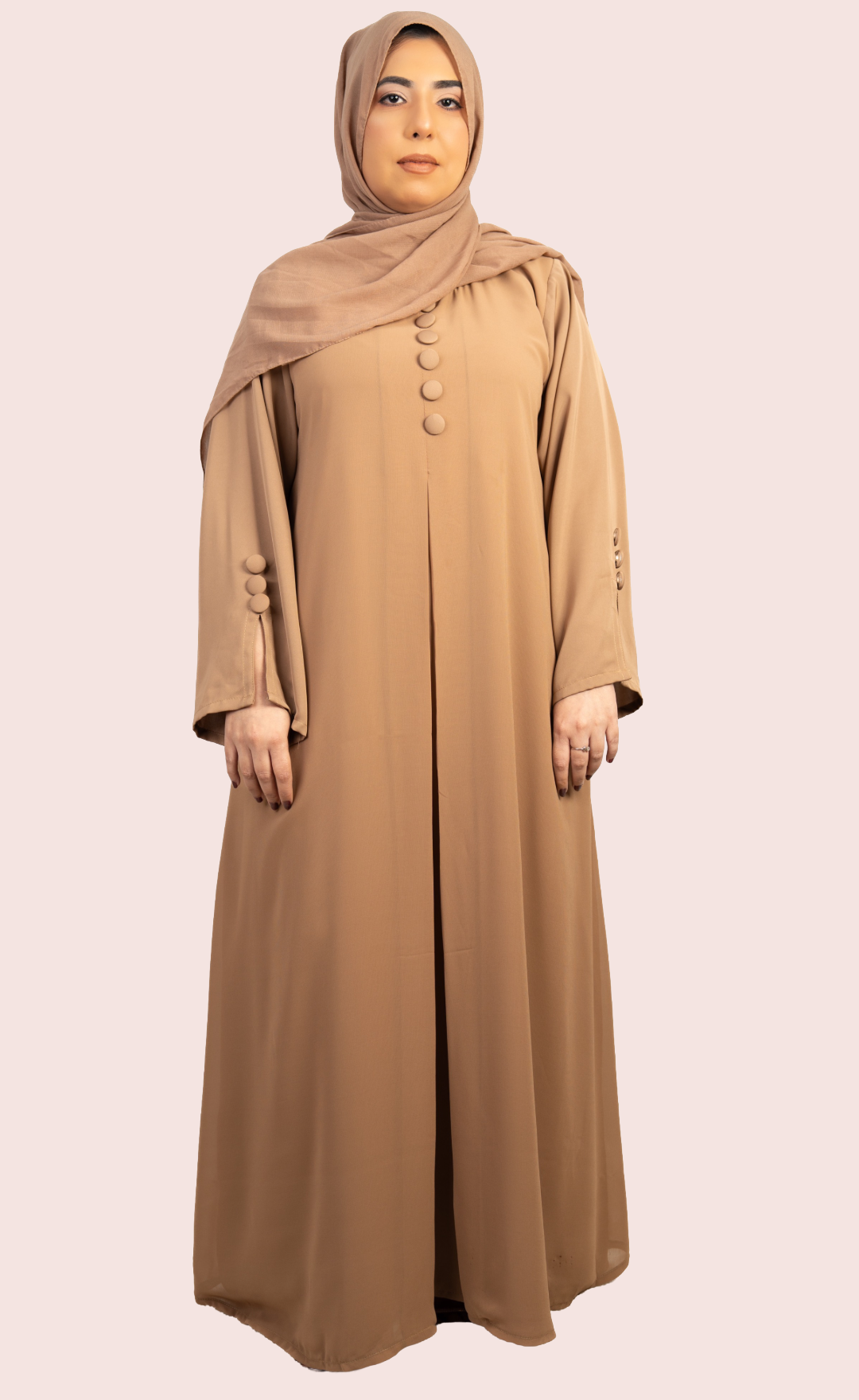 Tan Double Layer Large Button Abaya