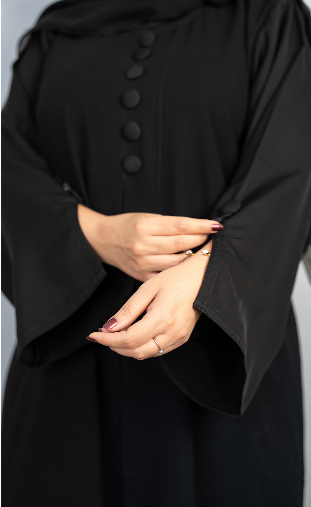 Classic Black Double-Layer Button-Detail Abaya with Matching Hijab
