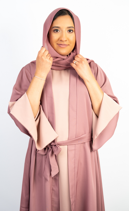 Chic 3-Piece Mauve Abaya Set with Nude Pink Inner, Front-Open Design, with Matching Hijab and Belt