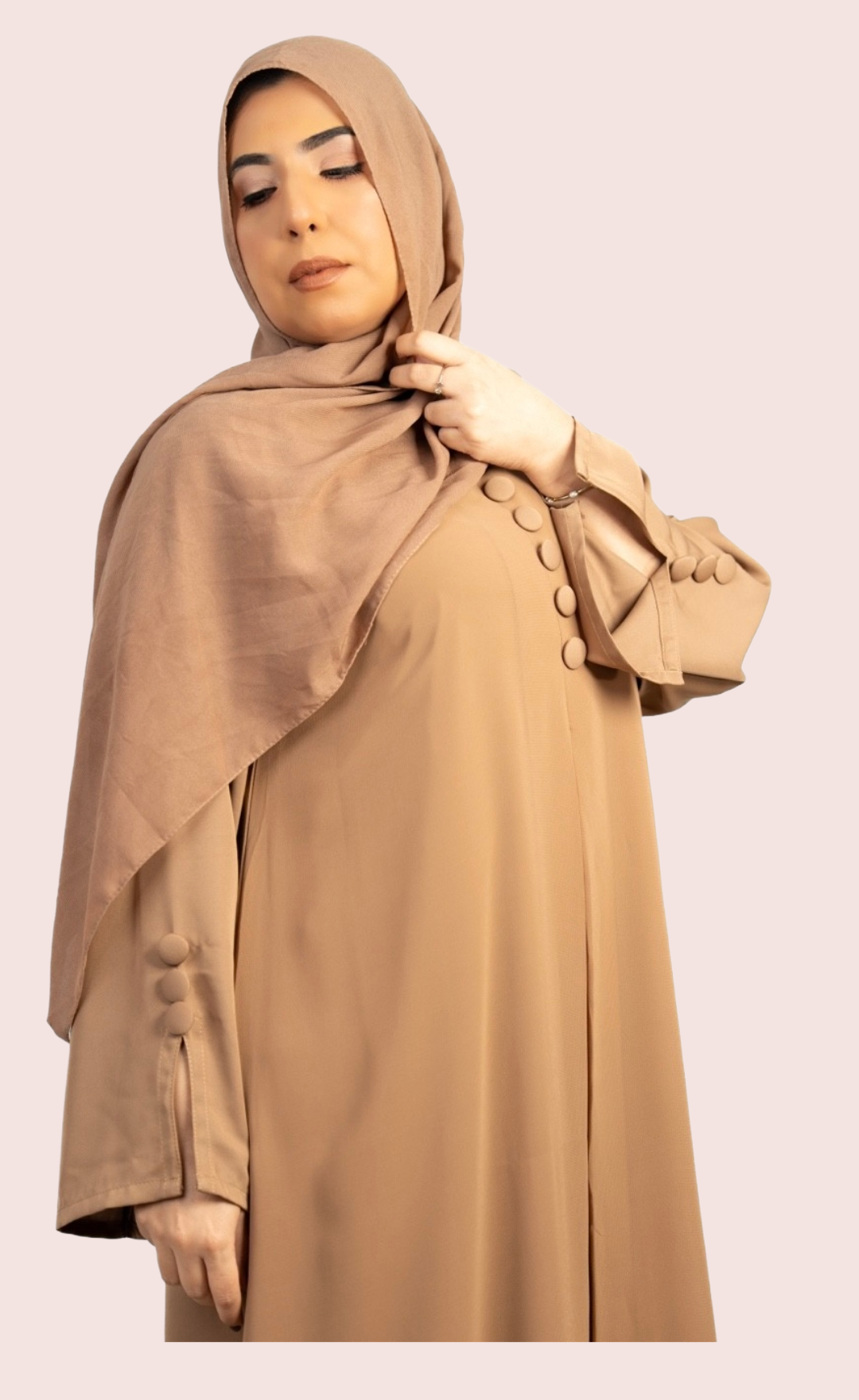Tan Double Layer Large Button Abaya