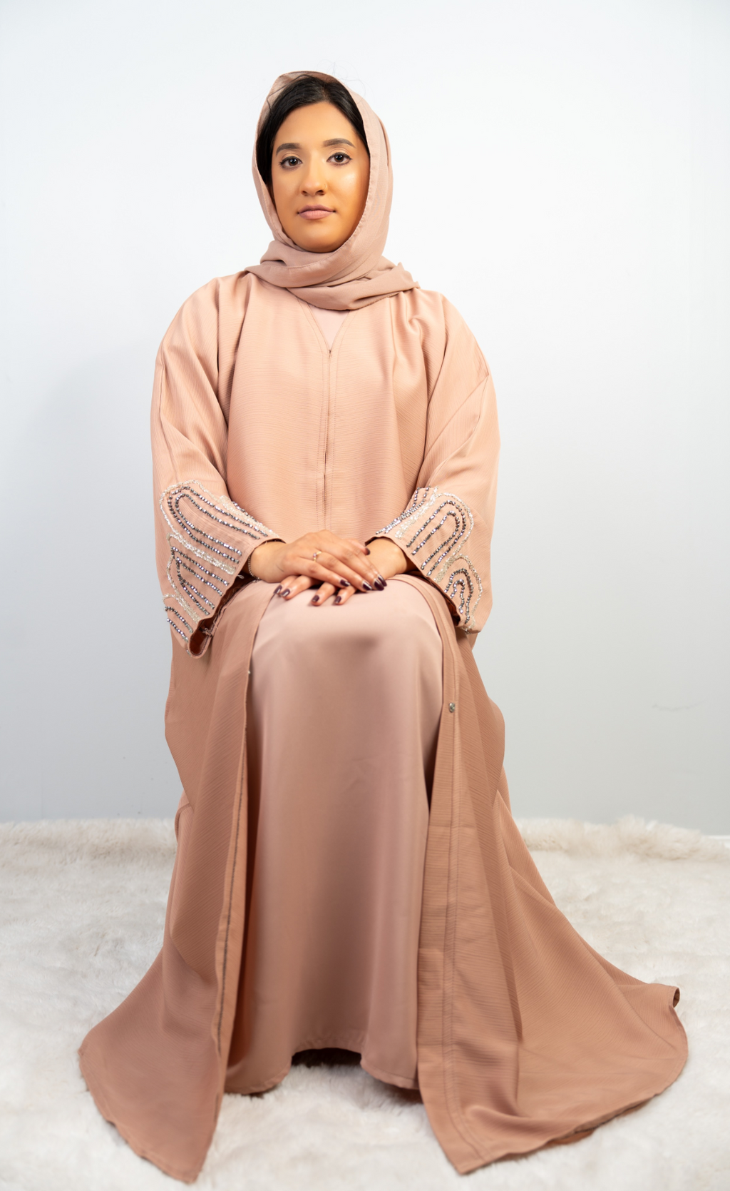 Elegant Blush Nude Abaya with Embellished Sleeves