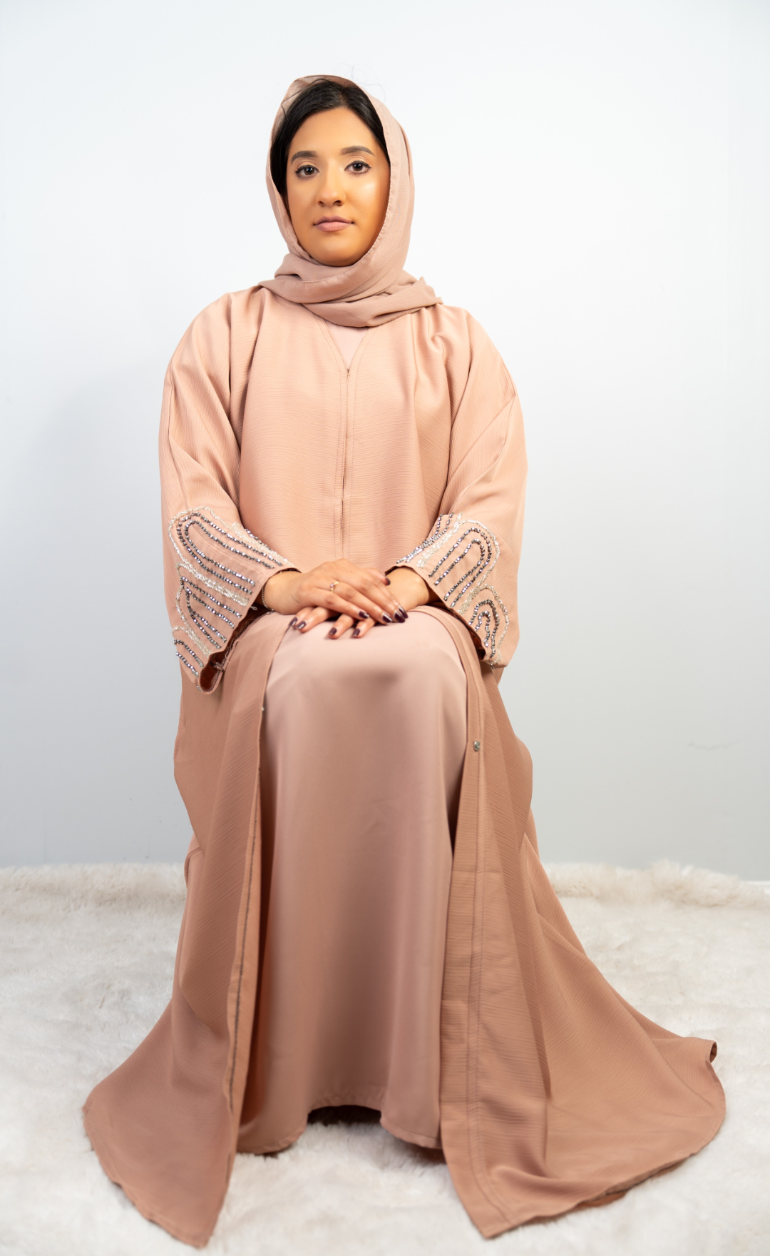 Elegant Blush Nude Abaya with Embellished Sleeves